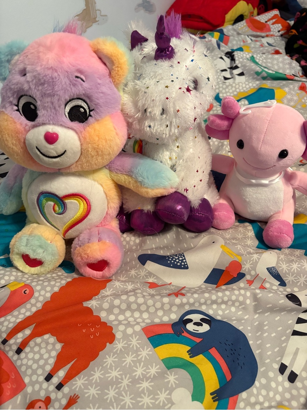 Plush Rainbow Bear, White Star Unicorn & Pink Axolotl - Cute Kids Toy Set